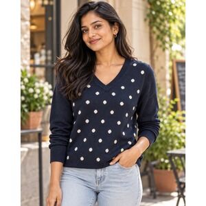 NWT Tommy Hilfiger Navy Blue Polka Dot V-Neck Knit Sweater Large